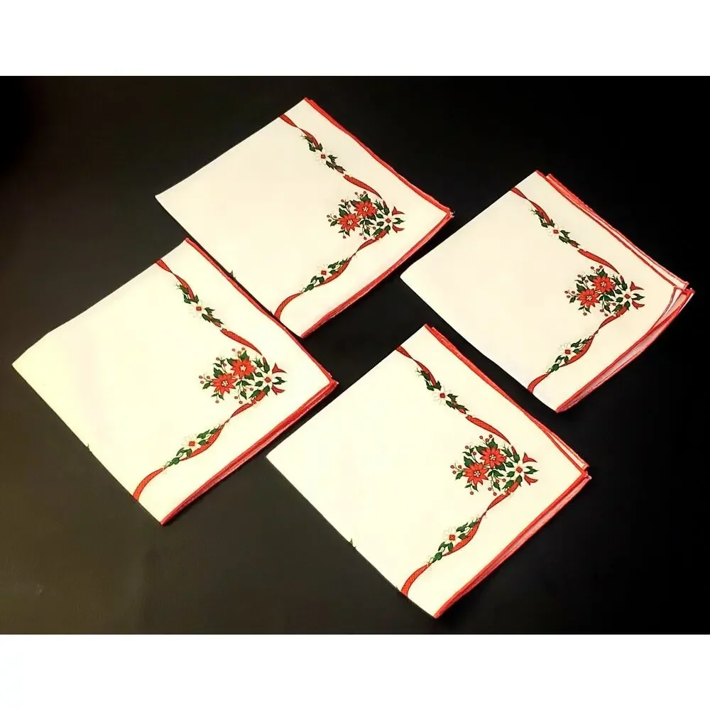 Vintage Print Napkins Set Of 4, Christmas Holly bows ribbons 17 X 17 NEW!
